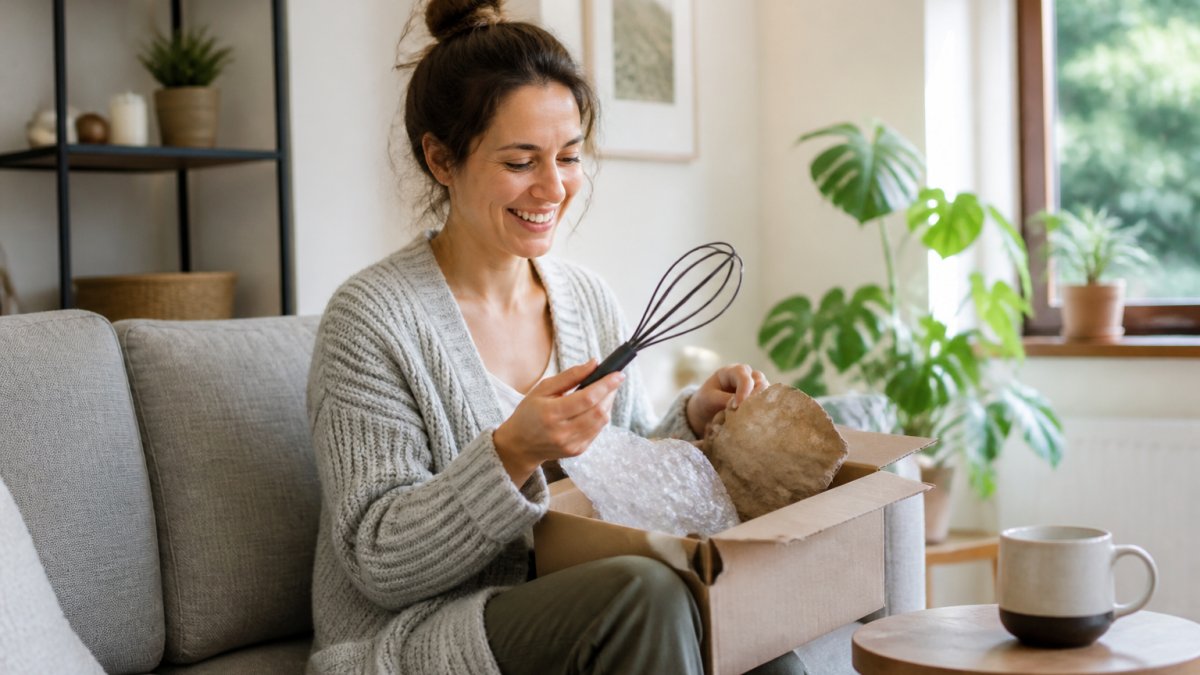 A person unwrapping a practical gift at home, smiling as they hold a small kitchen tool in a bright living room with a coffee mug on the side table