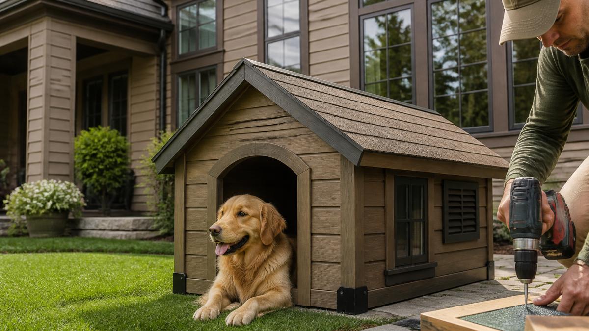 A large insulated wooden dog kennel with architectural shingles and a matching home exterior in the background, golden retriever resting at the entrance on a sunny afternoon