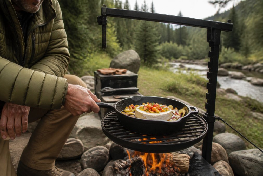 An outdoor enthusiast using a well-seasoned cast iron skillet at a remote campsite, with the grill and cookware setup visible in natural lighting, showing the patina and wear of years of use
