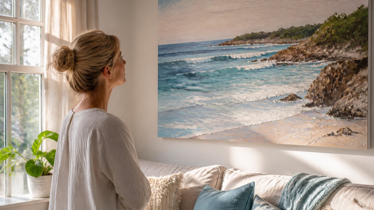 Infographic illustrating how hand-painted art creates emotional depth in living spaces through textured brushwork