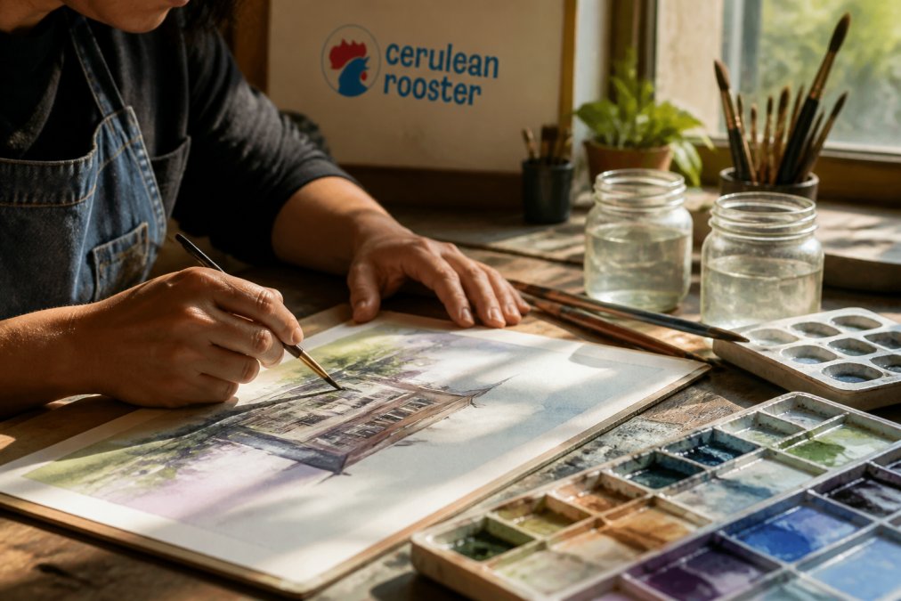 Artist painting a detailed watercolor illustration on textured paper to create unique handmade art in a sunlit studio