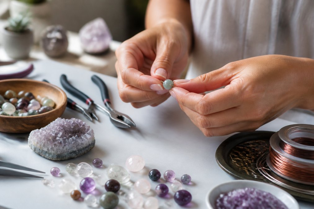 Artisan hands carefully setting a natural crystal bead onto delicate wire in a bright studio workspace, with various polished gemstones and tools visible on the workbench