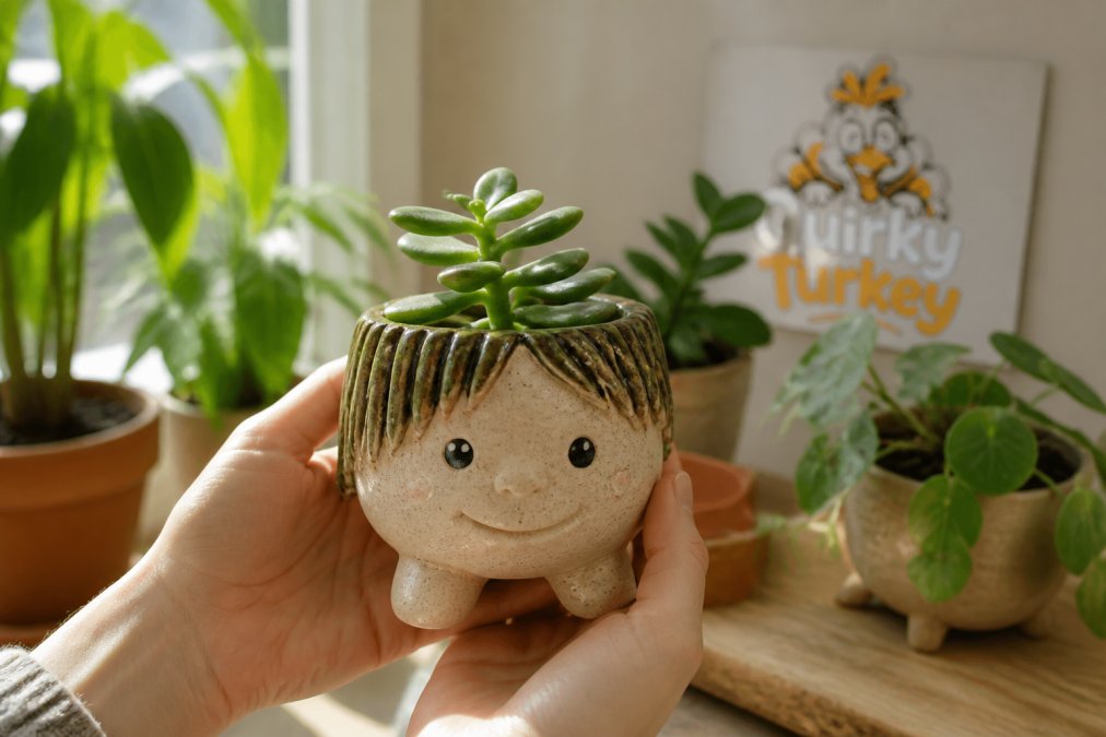 Close-up of hands holding a handmade ceramic plant pot with a unique character design, displayed in a bright home interior with natural plants nearby