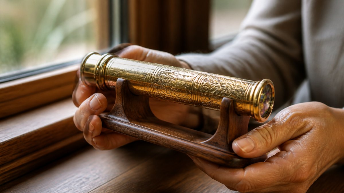 Hands gently holding a handcrafted brass kaleidoscope on a wooden stand in soft window light