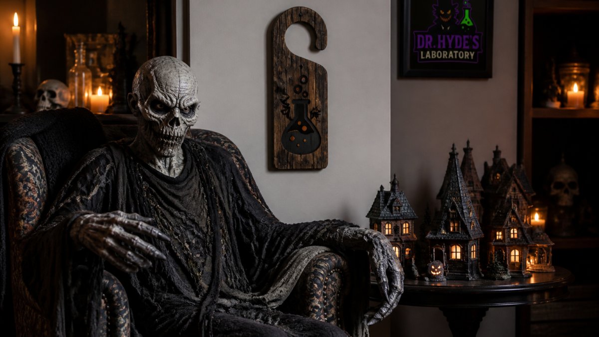 A dimly lit living room corner styled with handmade horror decor: a posable latex monster figure seated in an armchair, a handcrafted wooden door hanger on the wall, and a small Halloween village set on a side table, with warm candlelight and dark gothic accents