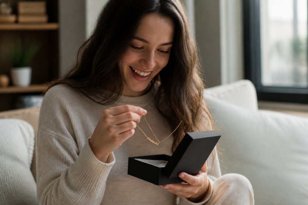 Woman opening a personalized gift box with genuine joy while holding a custom name necklace, soft natural lighting highlighting the moment of emotional connection and warmth