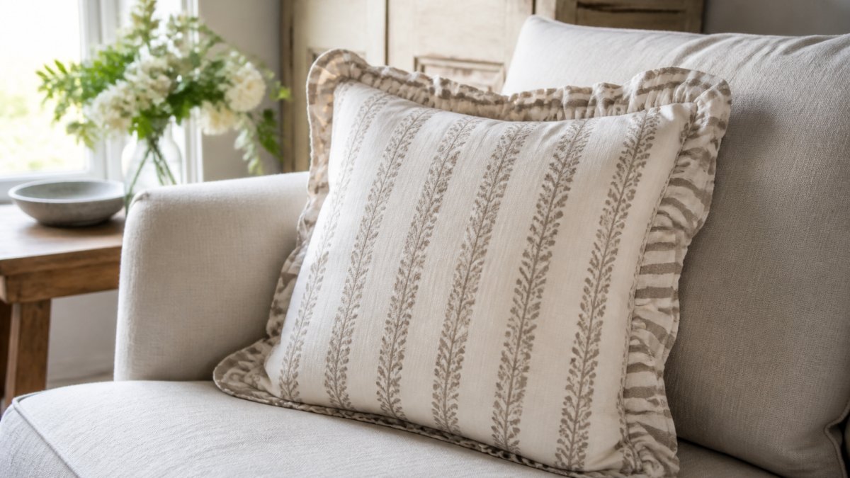 A close-up of a hand block-printed cotton cushion with a taupe stripe pattern and ruffle edge resting on a linen sofa in a bright, naturally lit living room with a relaxed, country aesthetic