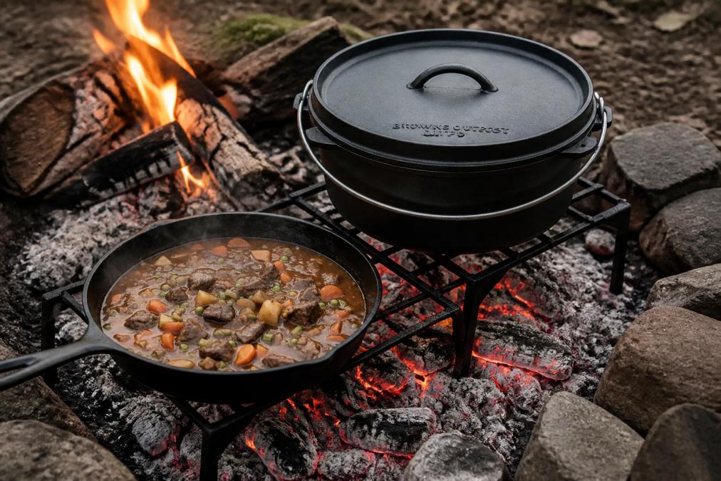 Heavy cast iron skillet and cauldron positioned over a bed of glowing coals in a campfire ring, with flames visible in the background and proper spacing showing heat control positioning