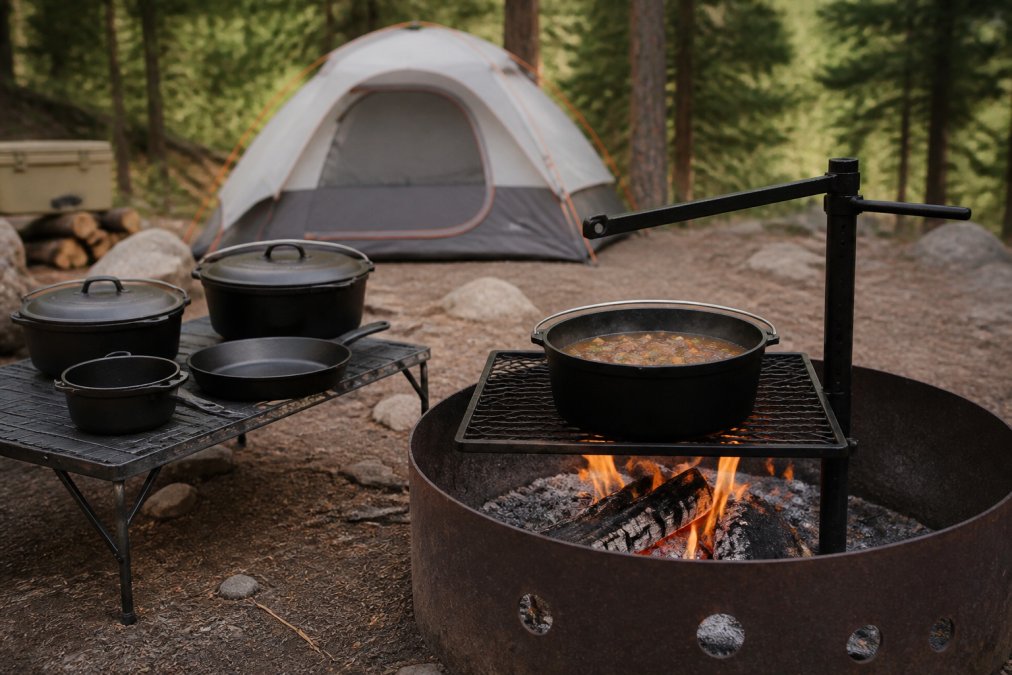 Car camping base camp setup with the ANVIL adjustable grill positioned over a fire ring, multiple cast iron cookware pieces arranged nearby on a camp table, and a tent visible in the background during daytime