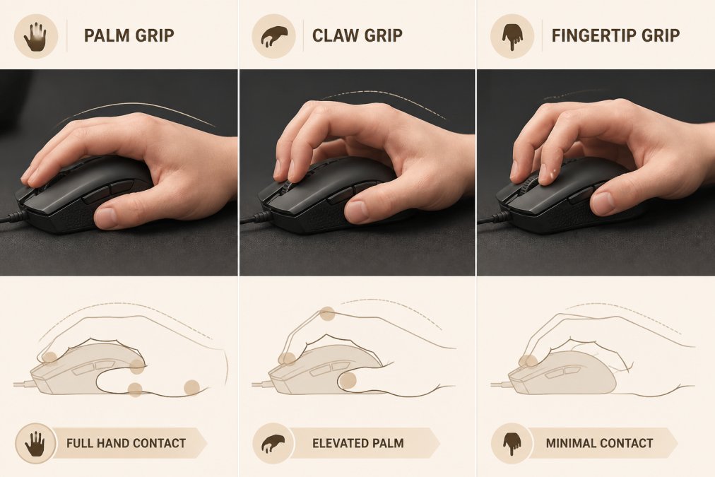 Close-up of three different gaming mice positioned side by side, showing hands demonstrating palm grip with relaxed full-hand contact on first mouse, claw grip with elevated palm and curved fingers on second mouse, and fingertip grip with only fingertips touching third mouse on a dark gaming surface