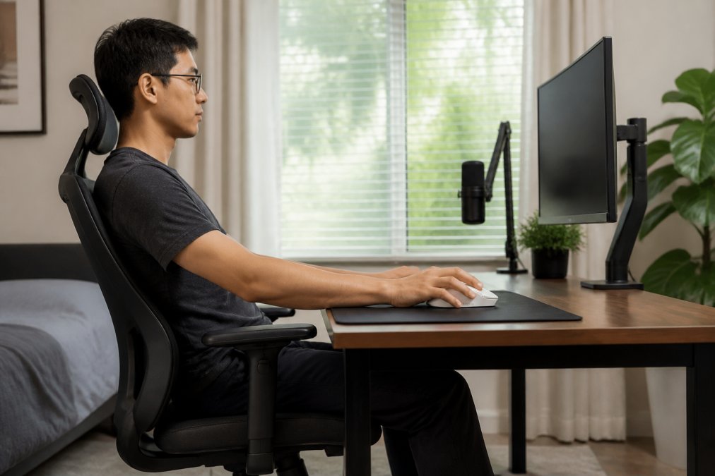 Gamer seated at a desk setup with proper ergonomic positioning, showing correct wrist alignment with mouse pad at elbow height, neutral spine against chair back, feet flat on floor, and monitor at eye level with natural window lighting visible in background