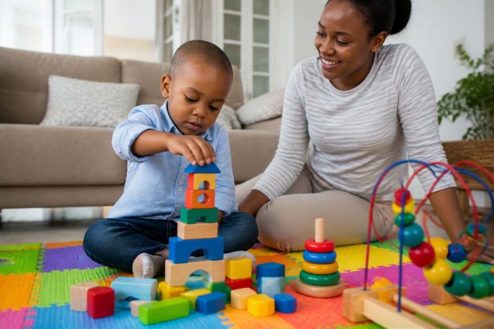 A young child sitting on a bright play mat, concentrating while stacking colourful wooden blocks, with a parent smiling nearby in a sunlit room