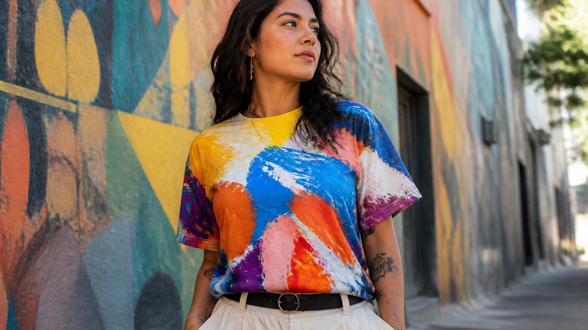Person wearing a vibrant, colorful abstract art graphic tee in an urban setting, confidently displaying their unique personal style with natural confidence and pride