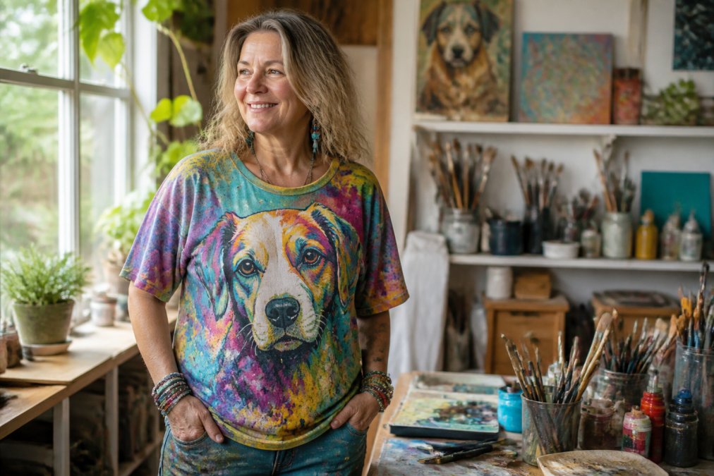 Person confidently wearing colorful artist-designed apparel with coordinated accessories, natural lighting highlighting the vibrant graphic design and thoughtful personal styling