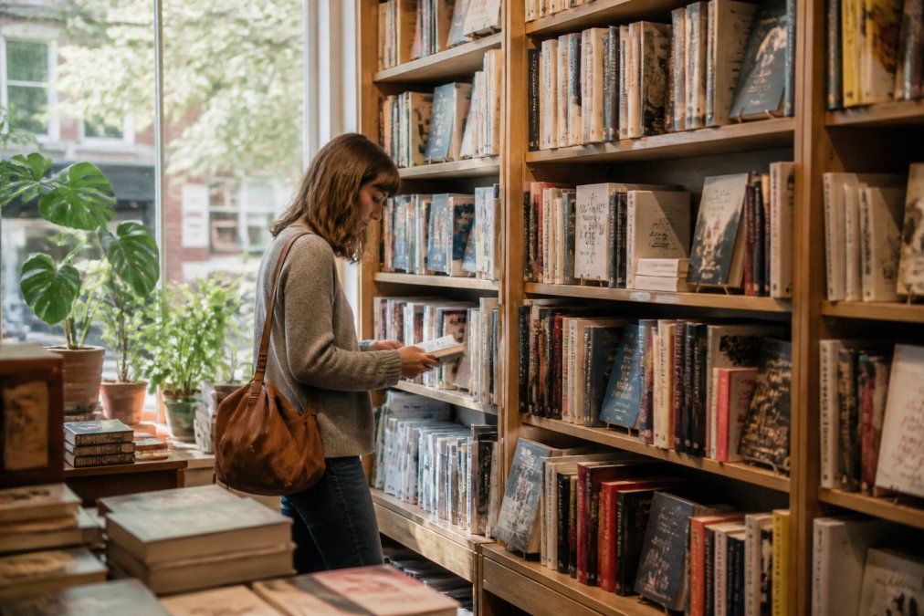 Warm interior of an independent bookshop with wooden shelves displaying carefully arranged books, a customer browsing the fiction section with natural light streaming through the window