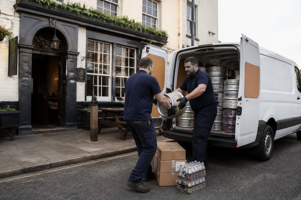 A white van parked outside a traditional pub, with bar staff unloading kegs and cases of beer, showing the delivery process in action