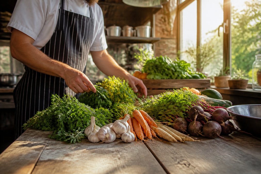 Fresh locally sourced vegetables and herbs arranged on a weathered wooden counter in a restaurant kitchen, morning sunlight streaming through large windows, chef's hands visible selecting ingredients