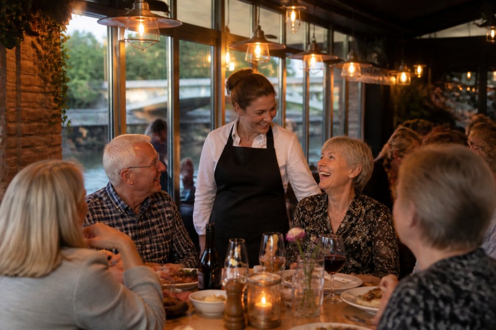 Warm, welcoming dining scene inside an intimate riverside restaurant with staff and customers interacting naturally, genuine laughter and connection visible, amber lighting from vintage fixtures casting a glow over wooden tables