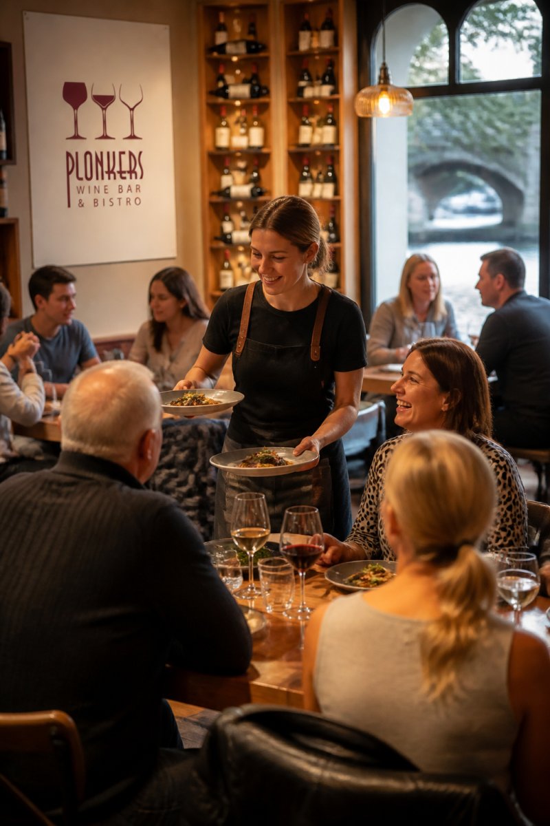 A warm, bustling independent bistro interior with wooden tables, soft lighting, and diners enjoying meals together while a server carries plates