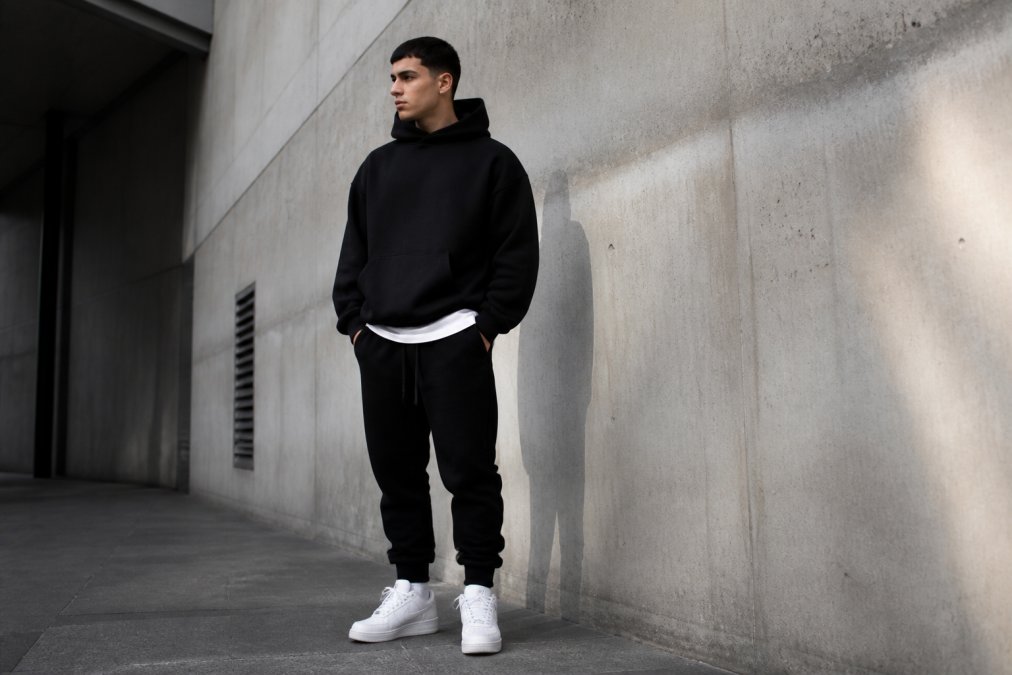 A young man in a boxy oversized black hoodie and matching joggers standing against a raw concrete wall in an urban setting, natural daylight, candid street style shot