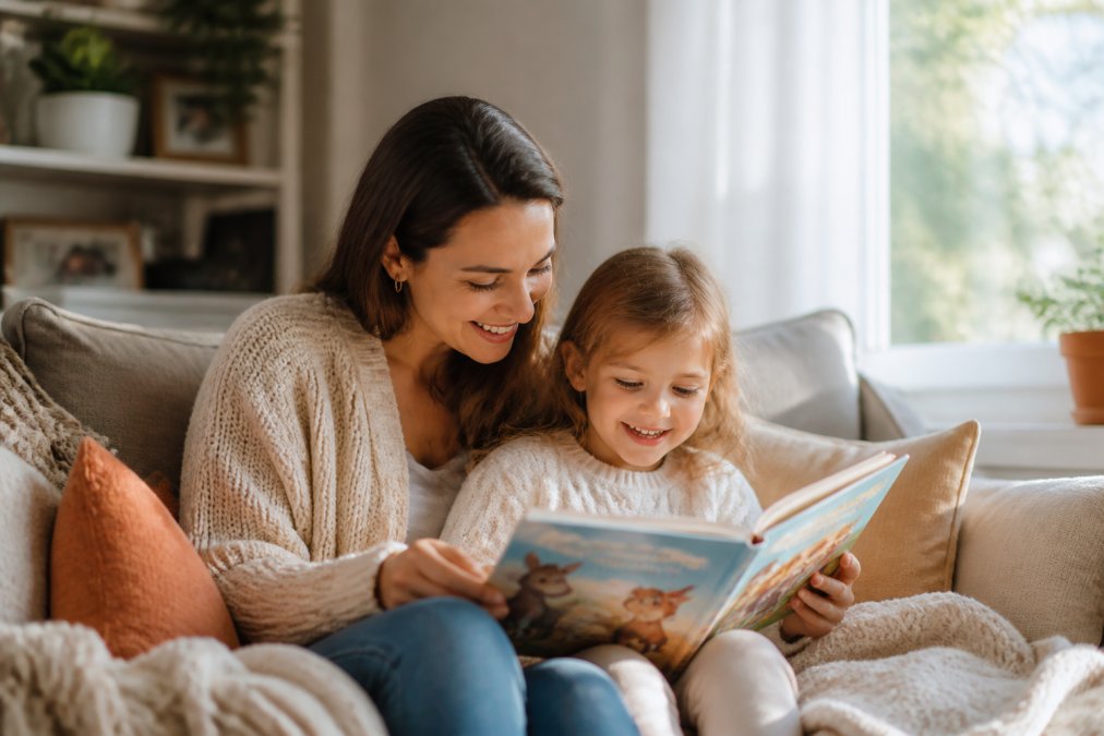 A parent and young child sitting together on a cozy couch reading a colorful picture book, warm natural light streaming through a nearby window, both smiling and fully engaged with the story
