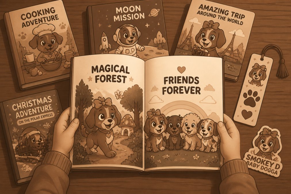 Close-up of a child's hands holding an open, vibrantly illustrated children's book, surrounded by other colorful storybooks and a cheerful bookmark on a warm wooden table