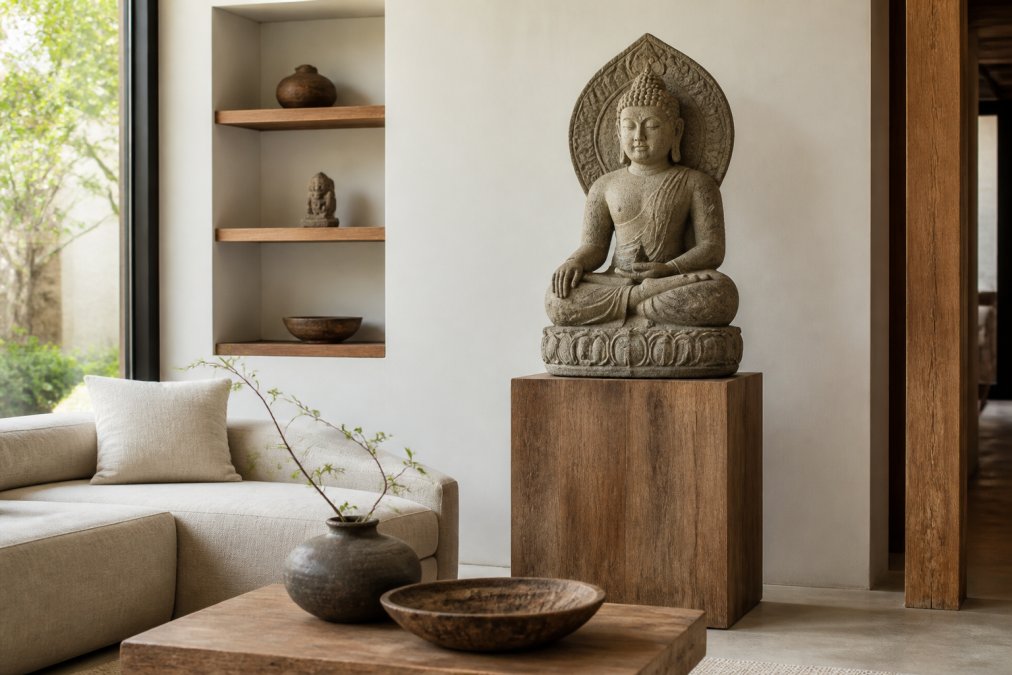 Serene modern living room with a weathered stone Khmer Buddha sculpture displayed on a minimalist wooden pedestal, soft natural light from large windows illuminating the carved features, neutral palette with subtle wood textures and minimal furnishings