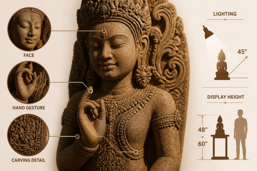 Close-up detail of an intricately carved Khmer sandstone sculpture showing delicate hand gestures and facial features, with soft directional spotlighting highlighting the carved texture and weathered stone surface