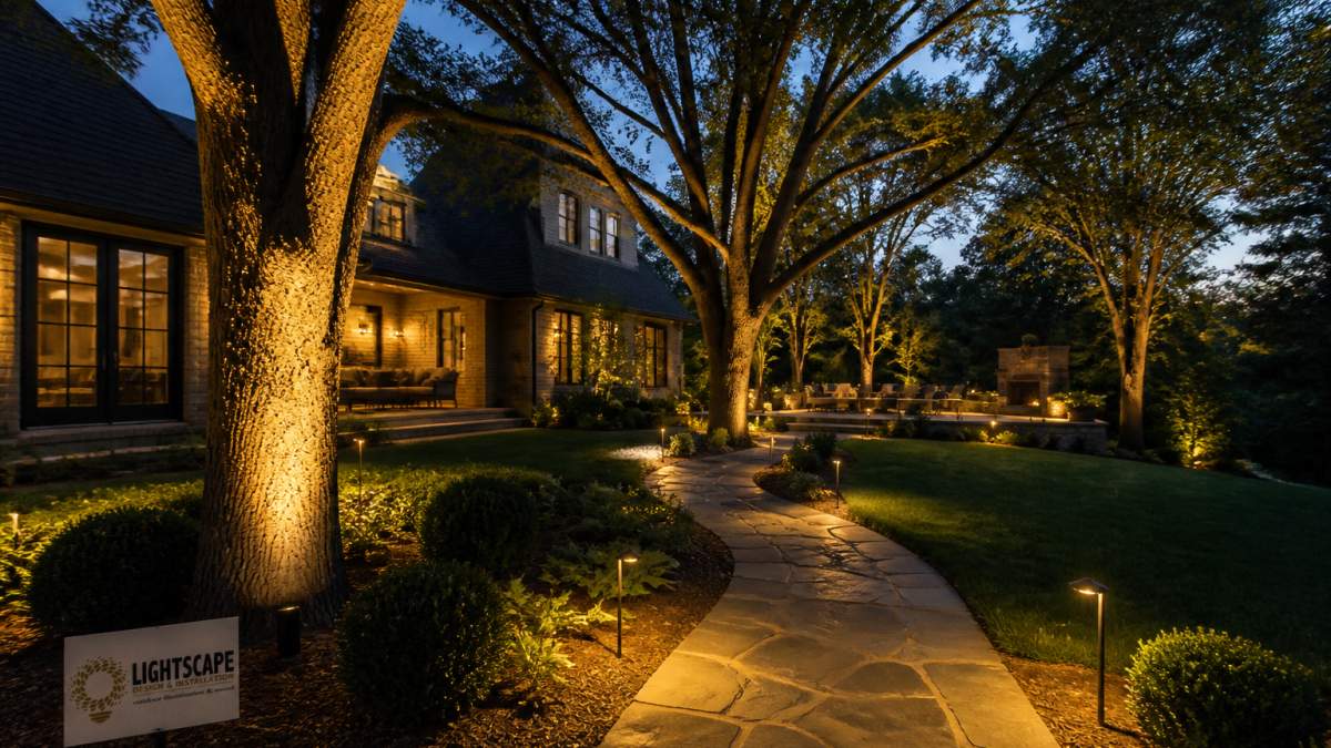 An upscale home at dusk with warm LED uplighting on mature oak trees, soft path lights along a stone walkway, and a lit patio in the background, showing layered lighting with no harsh glare