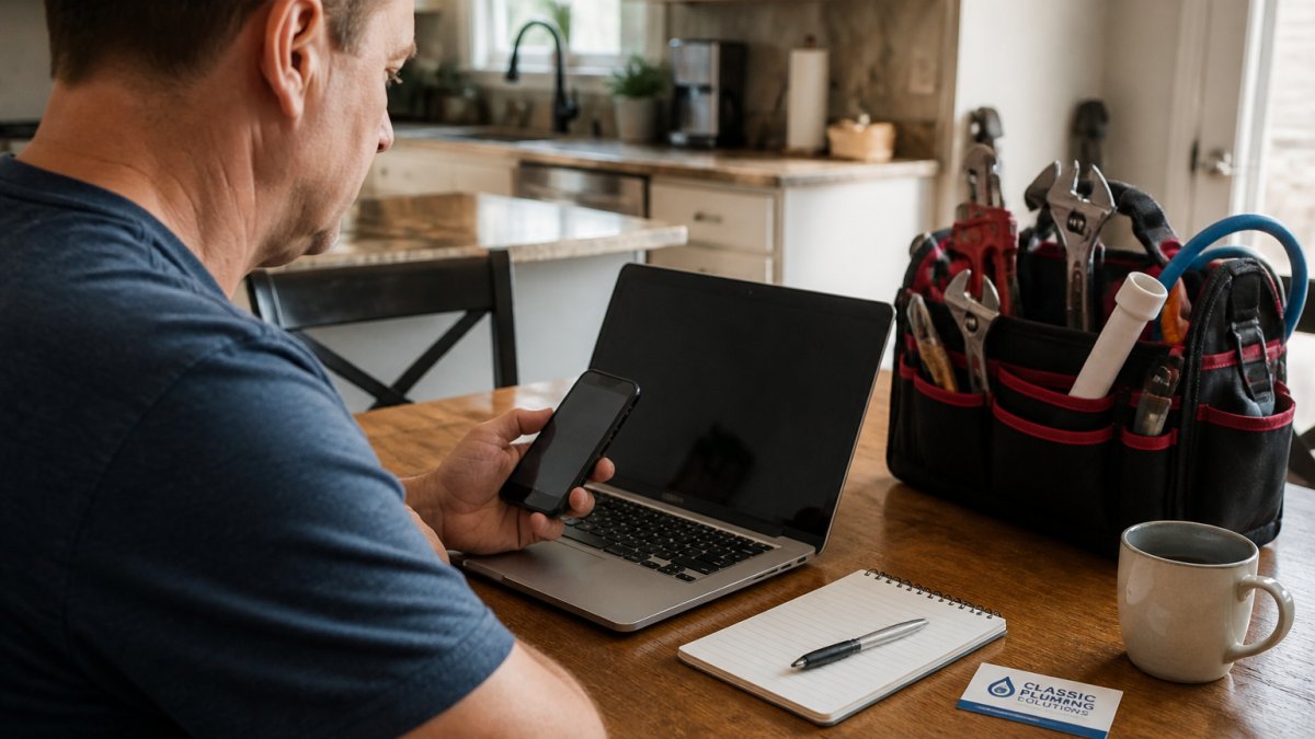 A homeowner sitting at a kitchen table with a laptop and smartphone, reviewing a state licensing board website while a plumbing business card and notepad sit nearby