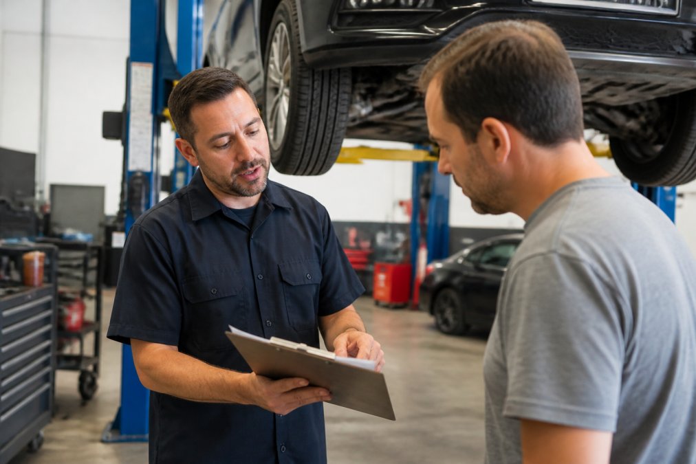 A certified mechanic in a clean, modern auto repair shop explaining a diagnostic report to a customer near a car raised on a lift