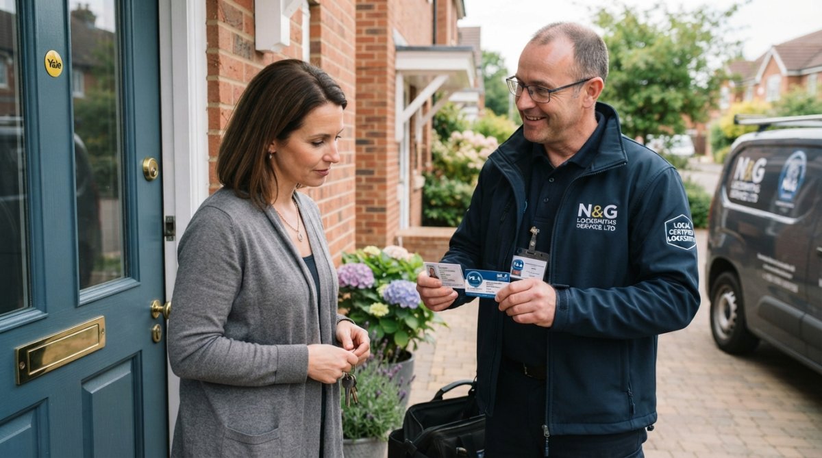 A uniformed locksmith holding up an ID badge and MLA accreditation card to a homeowner at a well-lit front door, both examining the credentials carefully in daylight