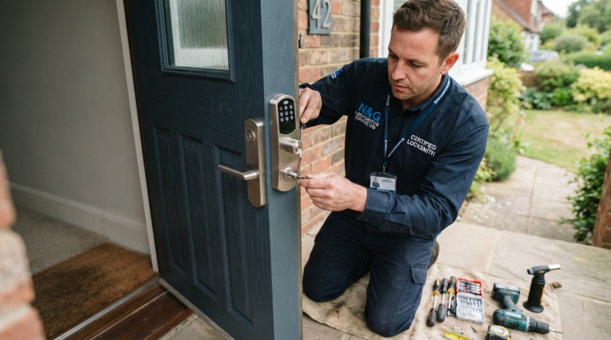 Close-up of a certified locksmith in a branded uniform installing a modern smart lock on a residential front door, with tools neatly arranged on a protective mat beside them, in daylight