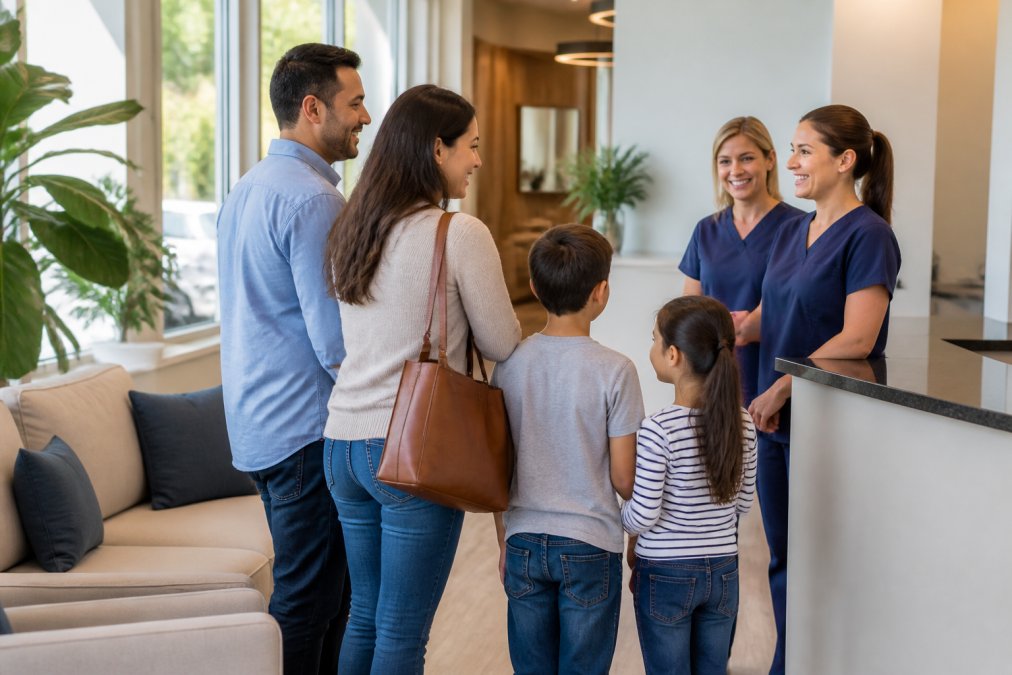 A friendly dental team welcoming a family with two children in a bright, modern dental office waiting area, comfortable seating and natural light through large windows