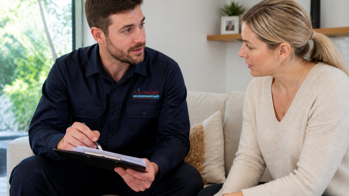 Professional HVAC technician in work uniform speaking with homeowner in living room while reviewing system documentation and paperwork on clipboard
