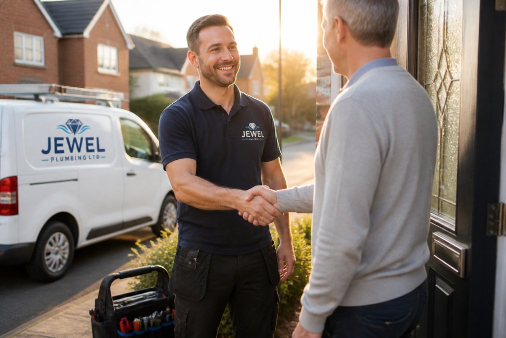 A friendly local plumber in a branded uniform shaking hands with a homeowner at their front door in a suburban British street, tool bag at his feet and a white van parked at the kerb in soft morning light