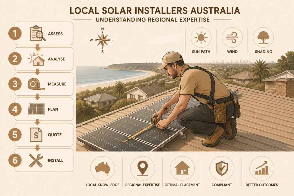 Experienced solar technician on residential rooftop in coastal Queensland, measuring roof angle and assessing panel placement with precision instruments, morning sunlight illuminating the site assessment process