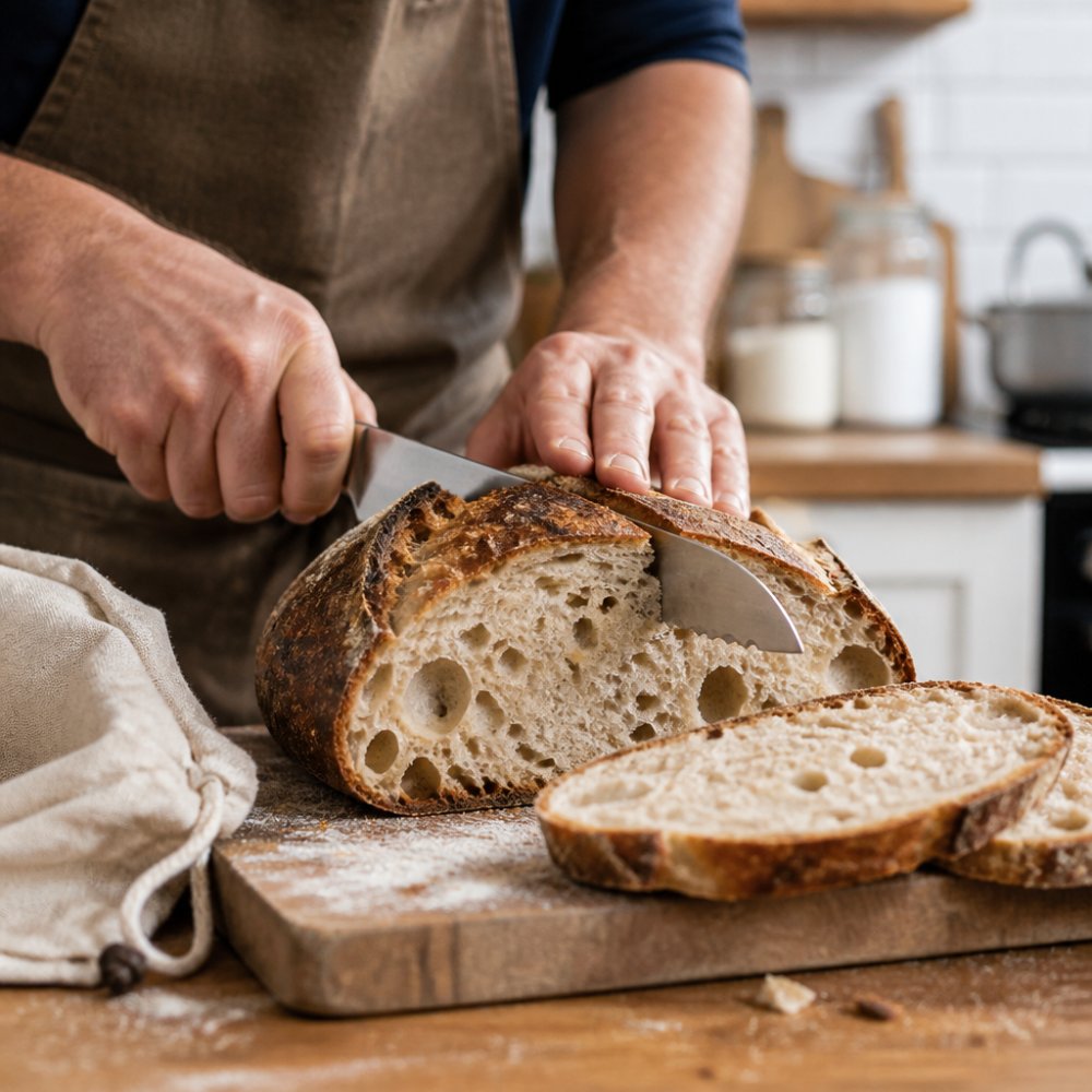 Close-up of hands slicing a rustic artisan sourdough loaf on a wooden cutting board, showing an open airy crumb and crisp dark crust, with a linen bread bag and flour dusting nearby in a warm home kitchen