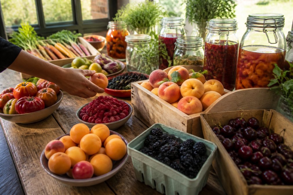 Colorful farmers market produce, ripe stone fruits, berries, and heirloom vegetables, being sorted and arranged on a wooden table with glass fermentation jars and fresh herbs in the background, natural daylight streaming through