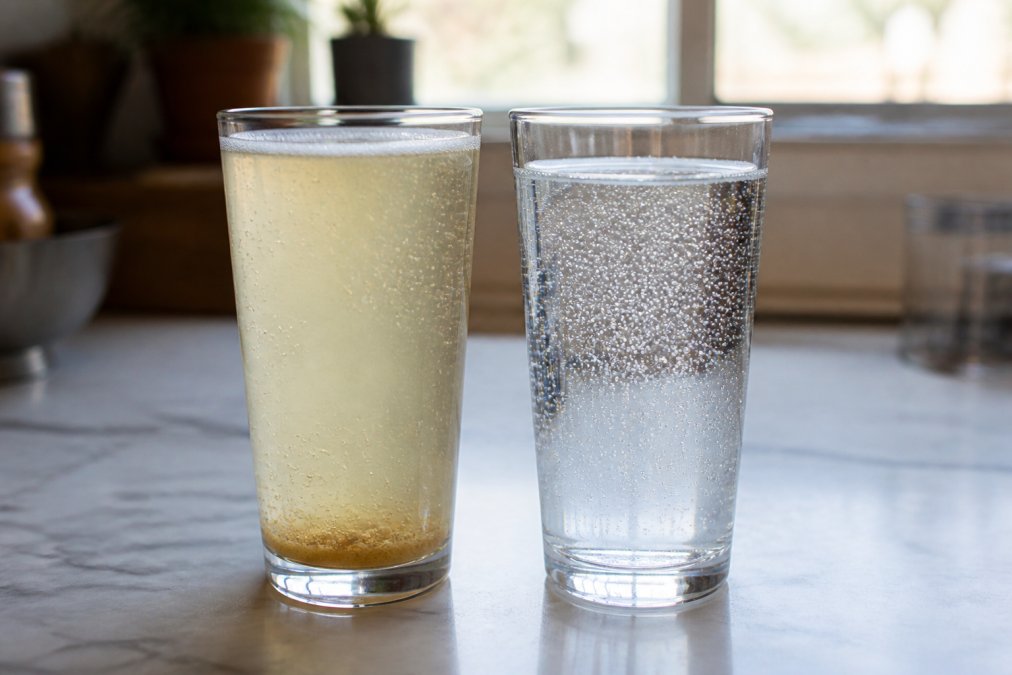 Two glasses placed side by side on a marble counter, the left glass contains locally fermented soda with visible sediment at the bottom and natural carbonation bubbles rising, the right glass shows clear, uniform commercial soda with uniform carbonation, natural window lighting highlighting the visual contrast
