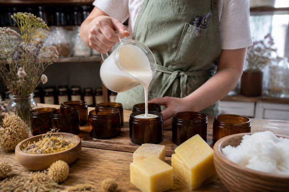 Close-up of hands pouring a small batch of handmade lotion into amber glass jars on a wooden workbench, surrounded by dried flowers and beeswax blocks in a bright artisan workshop
