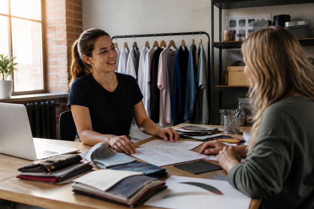 Small business owner or designer working at a wooden desk surrounded by fabric swatches, design sketches, and a computer screen showing custom apparel designs, engaged in personalised customer consultation with warm natural lighting from a nearby window