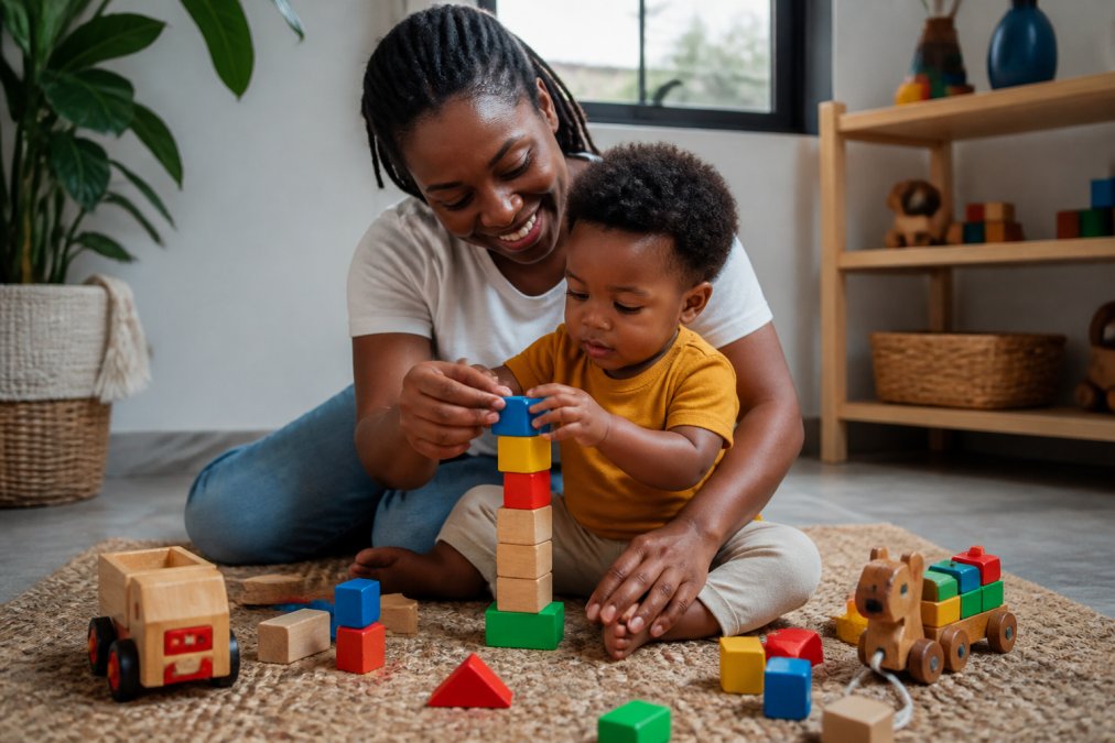 A mother sitting on a woven mat with her toddler, guiding the child's hands as they stack brightly coloured wooden blocks together in a sunlit room