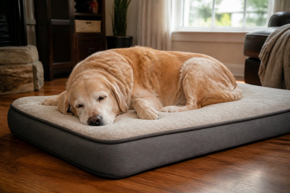 A large senior dog resting comfortably on a thick memory foam orthopedic bed in a warm, cozy living room, with soft natural light coming through a nearby window
