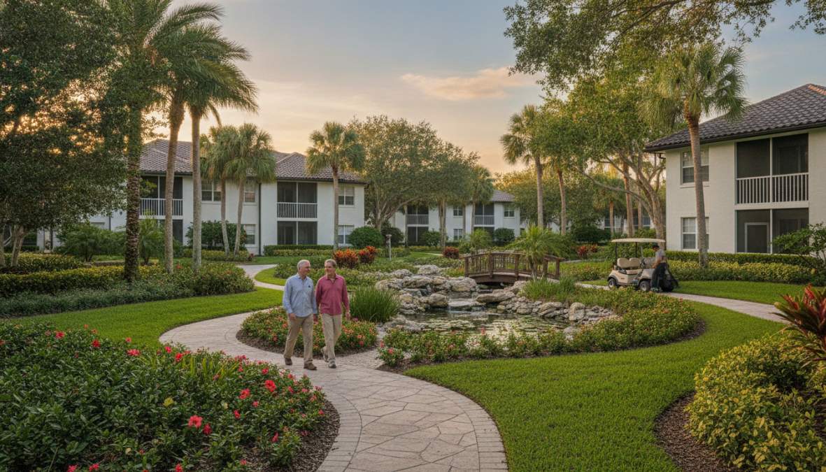 Why Choose Maintenance-Free Apartment Living 1 Serene garden-style apartment community with lush landscaped grounds, resort-style pool, modern building exterior in afternoon light