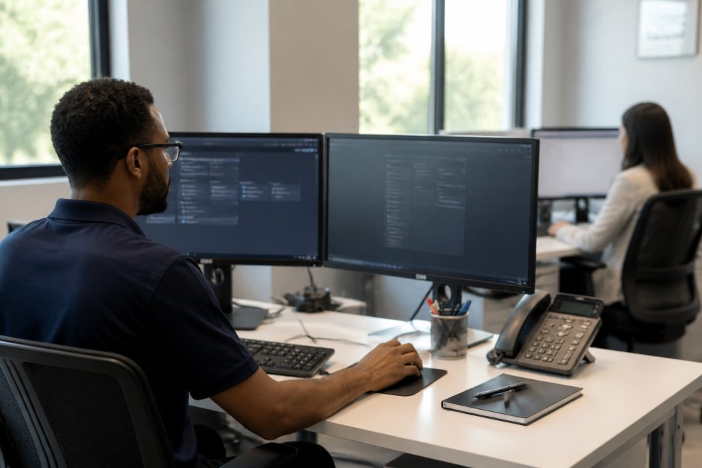 IT technician at a desk with dual monitors showing network dashboards, while a colleague in the background works uninterrupted at their own computer in a bright office
