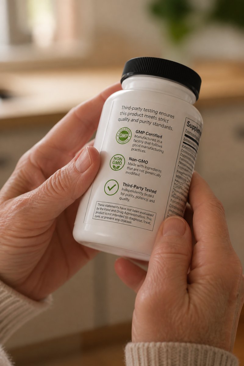 Close-up of hands holding a supplement bottle with visible certification seals and third-party testing logos on the label, showing magnified view of text and verification marks in natural lighting