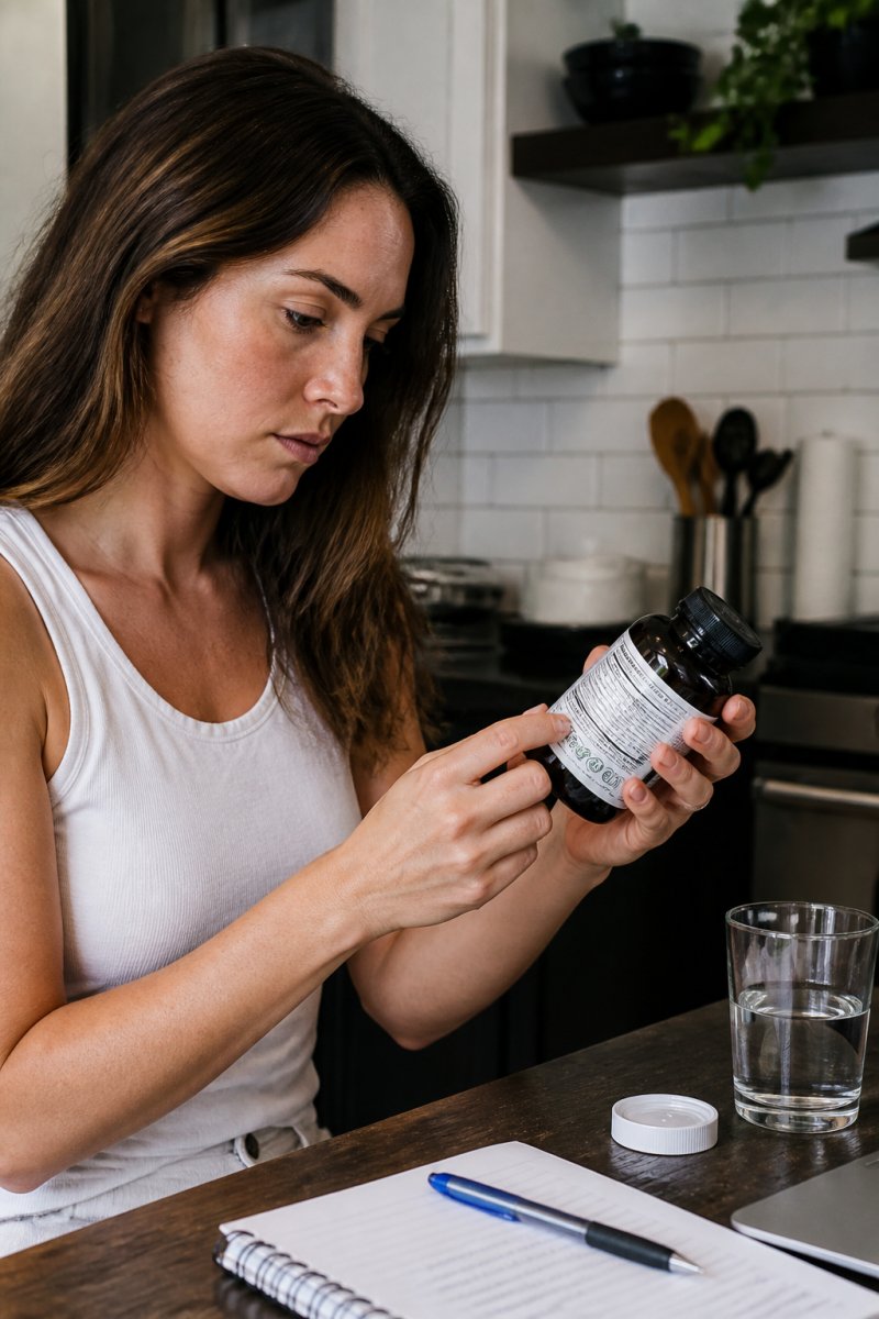 Person carefully reading and examining a supplement label in natural lighting, showing focused attention on ingredient list, dosage information, and certification seals visible on the bottle
