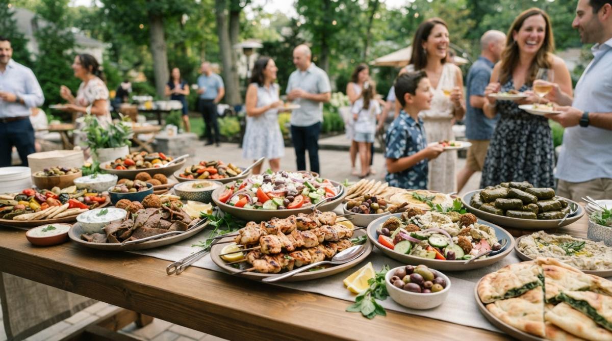 Colorful Mediterranean catering spread with platters of fresh vegetables, grilled proteins, olives, and bread arranged on a table at an outdoor gathering with guests mingling in the background