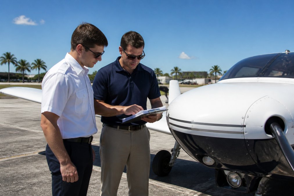 A student pilot and flight instructor standing beside a small training aircraft on a sunny airfield in South Florida, clear blue sky, palm trees in the background, both reviewing a checklist on a clipboard